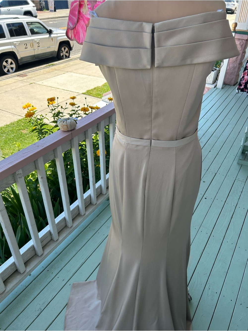 Mon Cheri Champagne Satin Embellished Maxi Dress - Picture 7 of 7